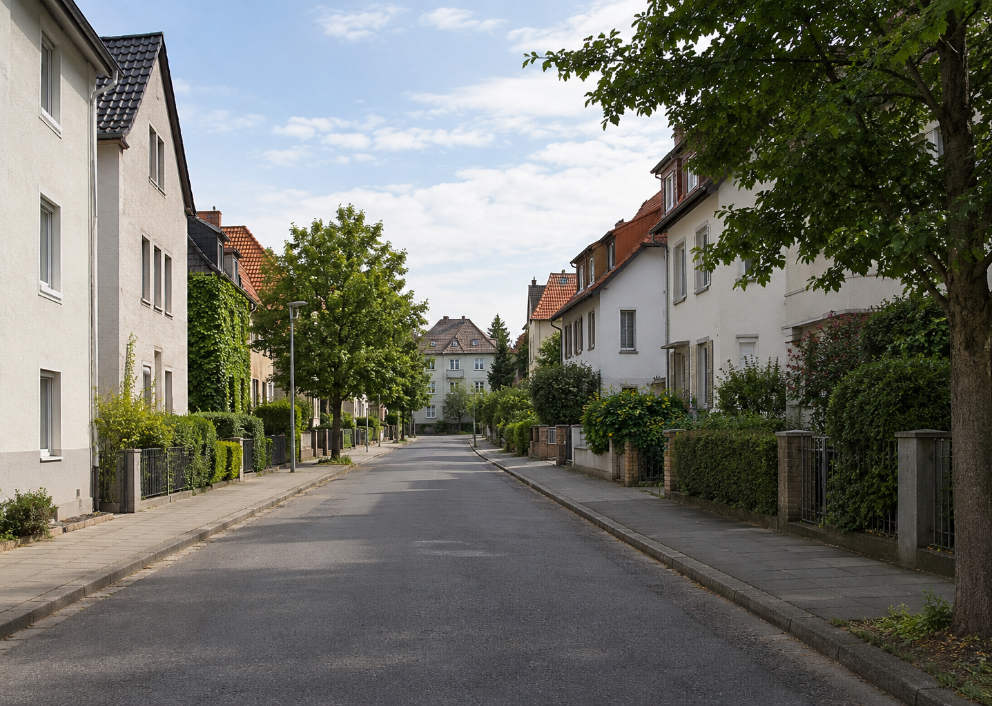 Ruhige, begrünte Wohnstraße mit gepflegten Häusern